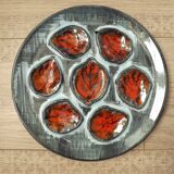 Set of 6 Vintage French Blue Gray & Orange Hand Painted Pordic 6 Serving Oyster Plates 4973