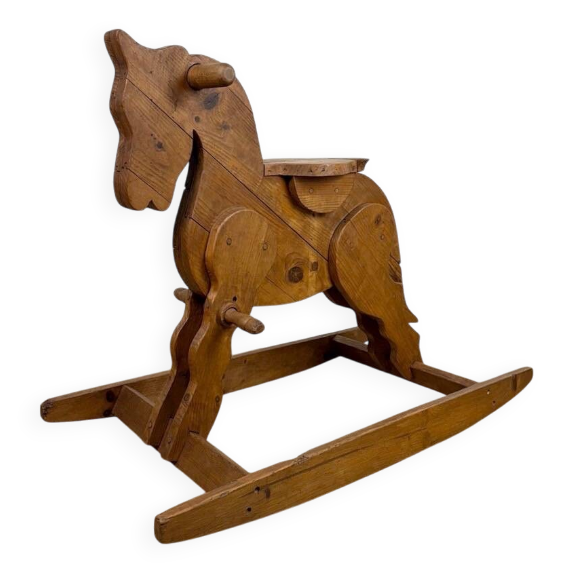 Grand cheval à bascule ancien en pin