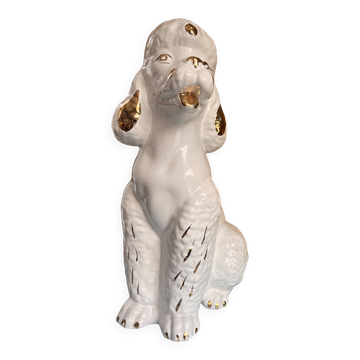 Grand poodle en céramique blanc et or des années 1980