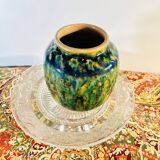 Petit vase en grès vintage dans les teintes vertes, effets craquelés