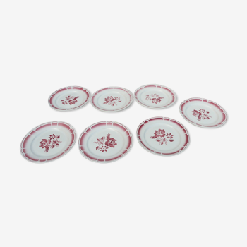 Set de 7 assiettes Badonviller art déco fleurs rouges