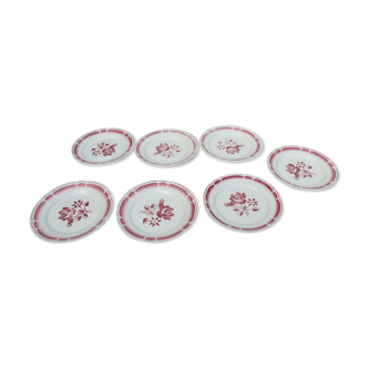 Set de 7 assiettes Badonviller art déco fleurs rouges