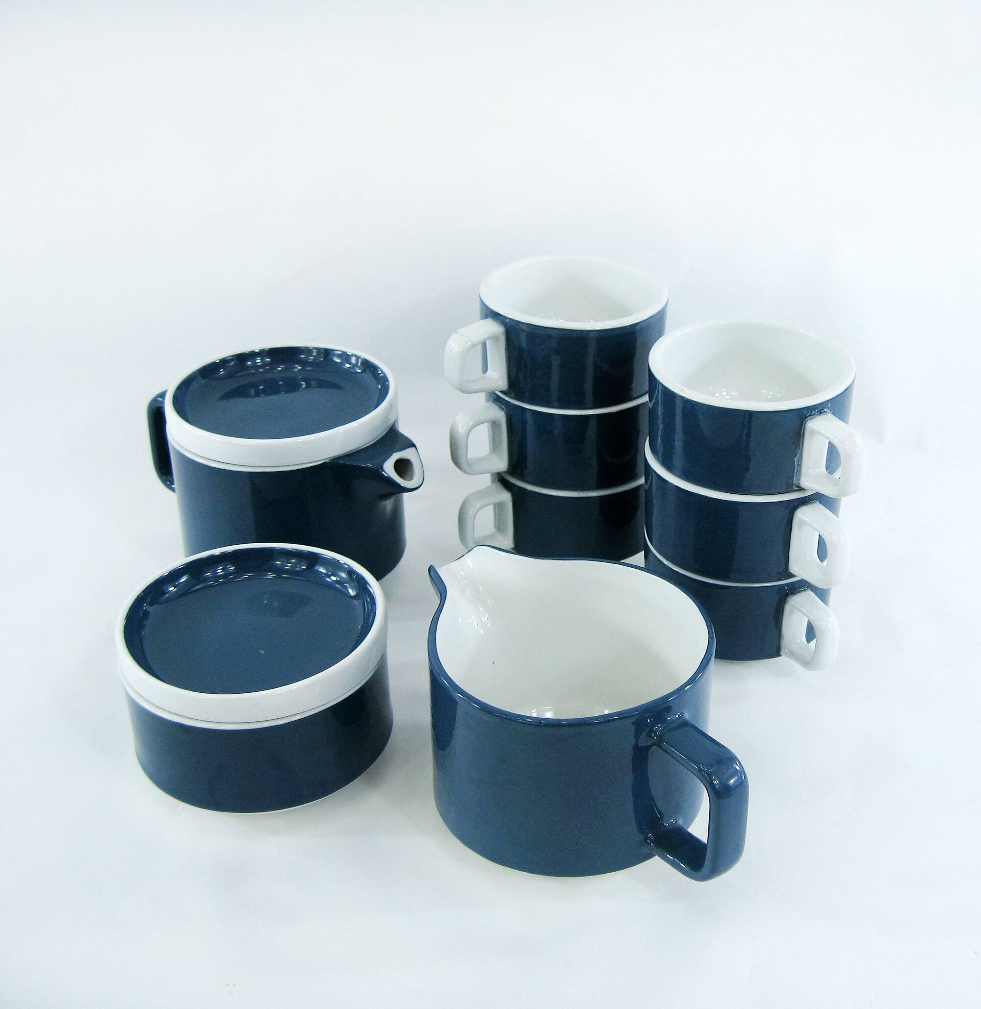 Blue porcelain coffee set - Pyroblan Sarreguemines France - vintage 80s