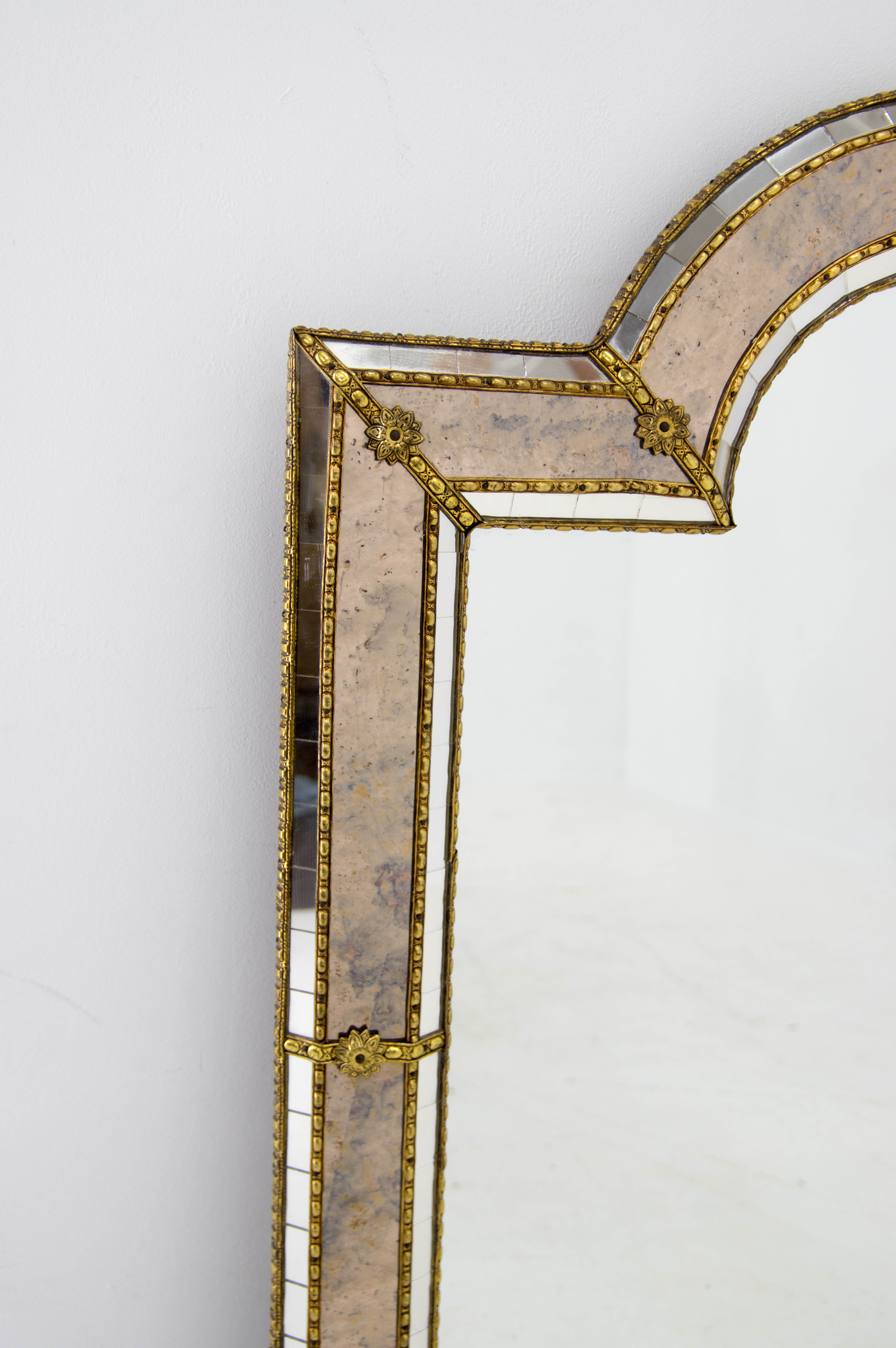 Multi-facets mirror with brass garlands, france, 1970s