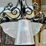 Art Deco chandelier in glass and wrought iron signed Muller Frères Luneville, 3 lights