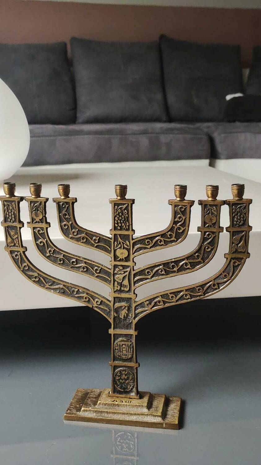 Old Large Menorah/Jewish/Hebrew Candlestick with 7 lights. Signed "Israel". 1950s. Size 23 x 24 cm