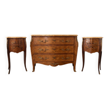 Louis XV bedside table set with 2 nightstands in wood and marble.