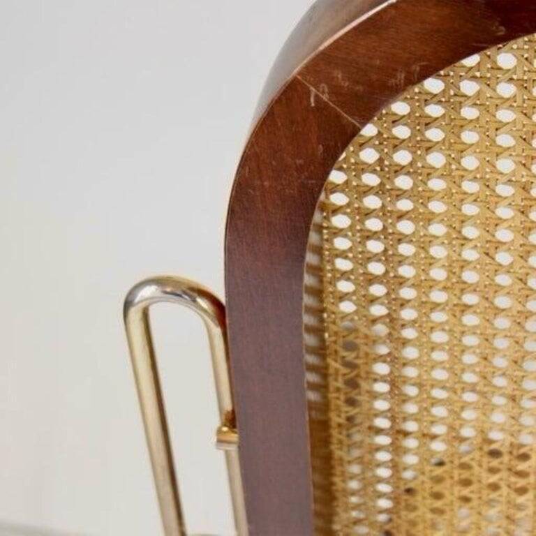 1970s Thonet-Style Rocking Chair, Brass & Wicker