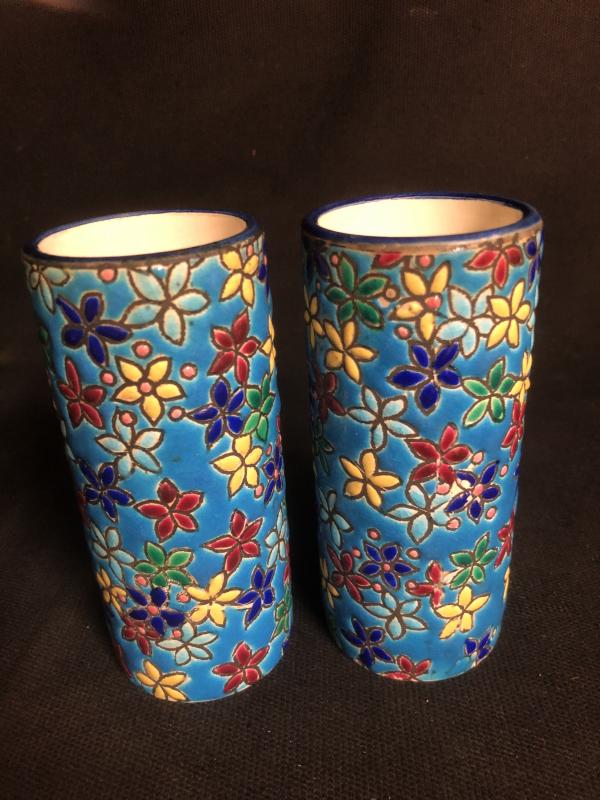 Pair of 19th-century roll vases in Longwy enamels