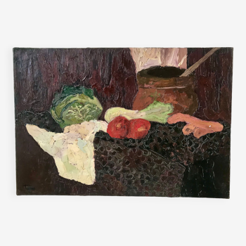 tableau huile sur toile nature morte fruits années 50