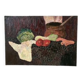 tableau huile sur toile nature morte fruits années 50