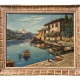 Old oil painting on canvas Gandria Switzerland Italy