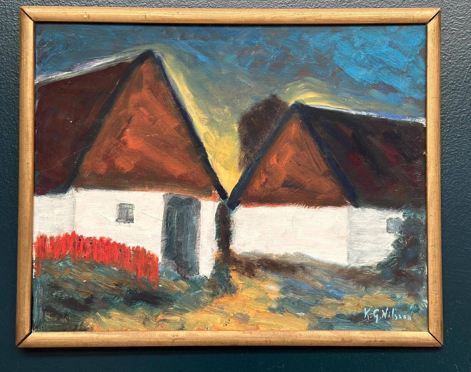 Original Mid Century Swedish Oil On Panel – “Houses” By K. G. Nilsson – Vintage & Framed