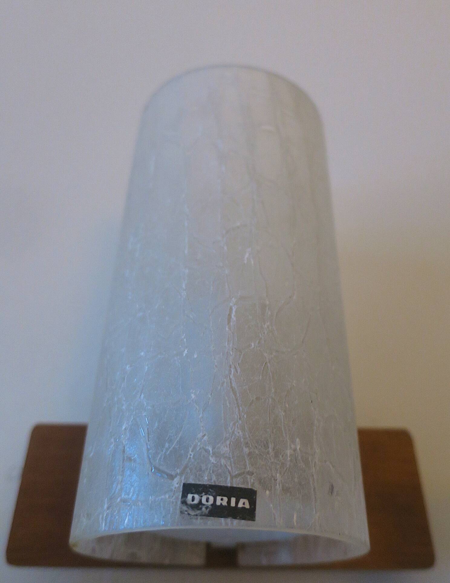 Pair of Doria Leuchten frosted crackled glass and teak wall lights, 1960s