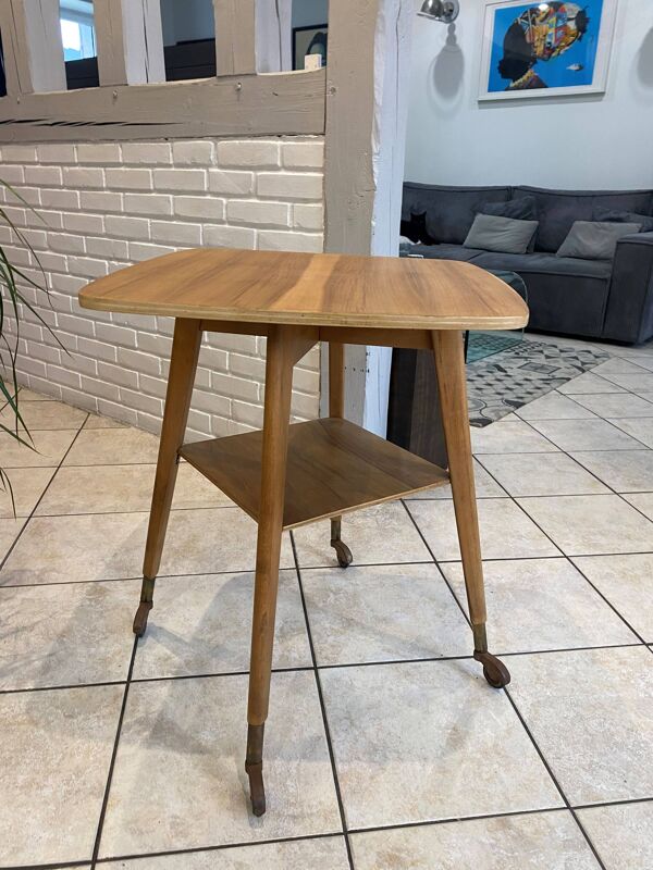 Table basse d’appoint scandinave en bois plateau pivotant vintage 50s
