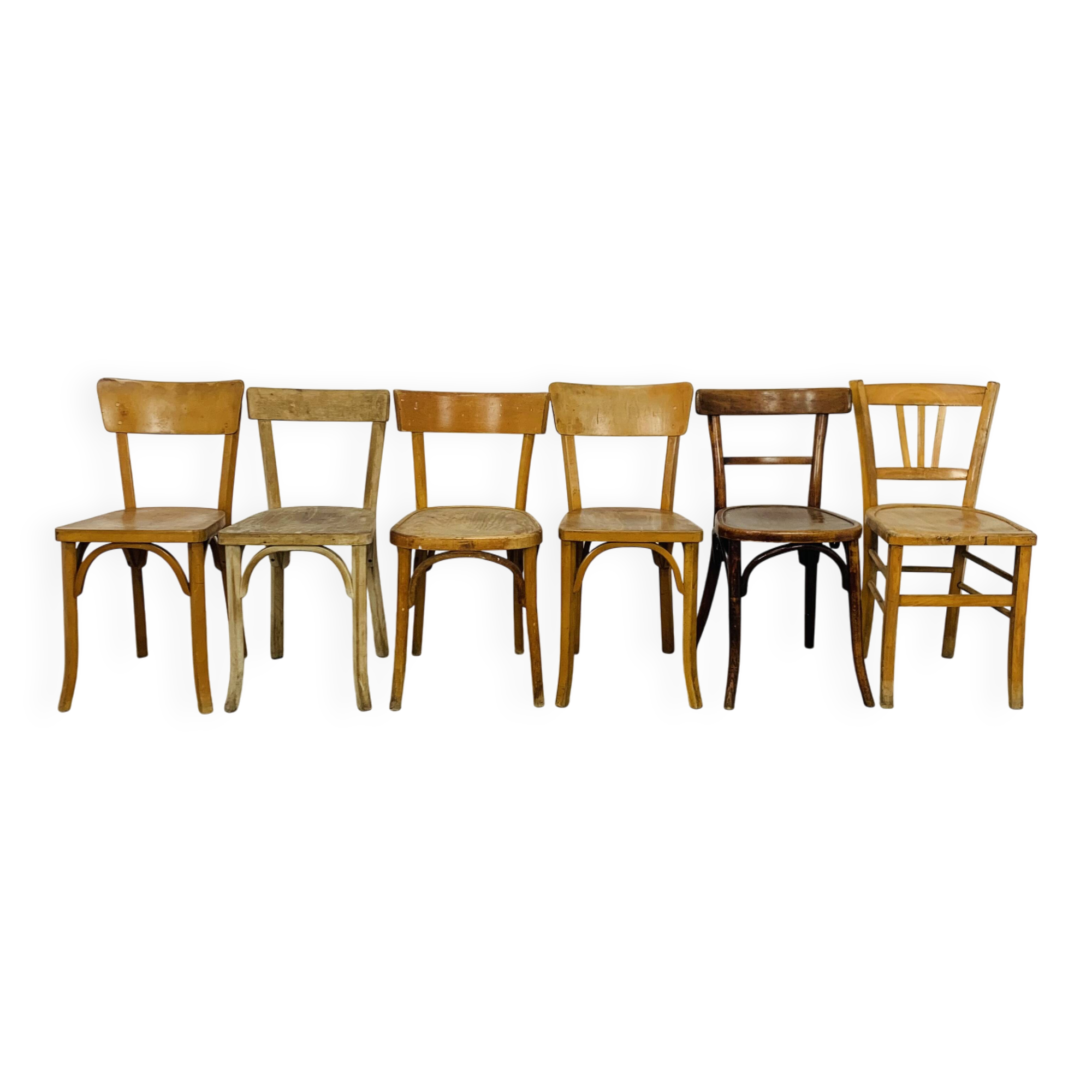 6 mismatched Baumann & Luterma bistro chairs, wood, 1960s