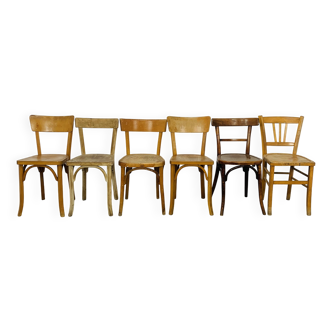 6 chaises bistrot dépareillées Baumann & Luterma, bois, années 60