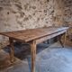 Antique French pine dining table, large farmhouse table on wheels, 19th century.