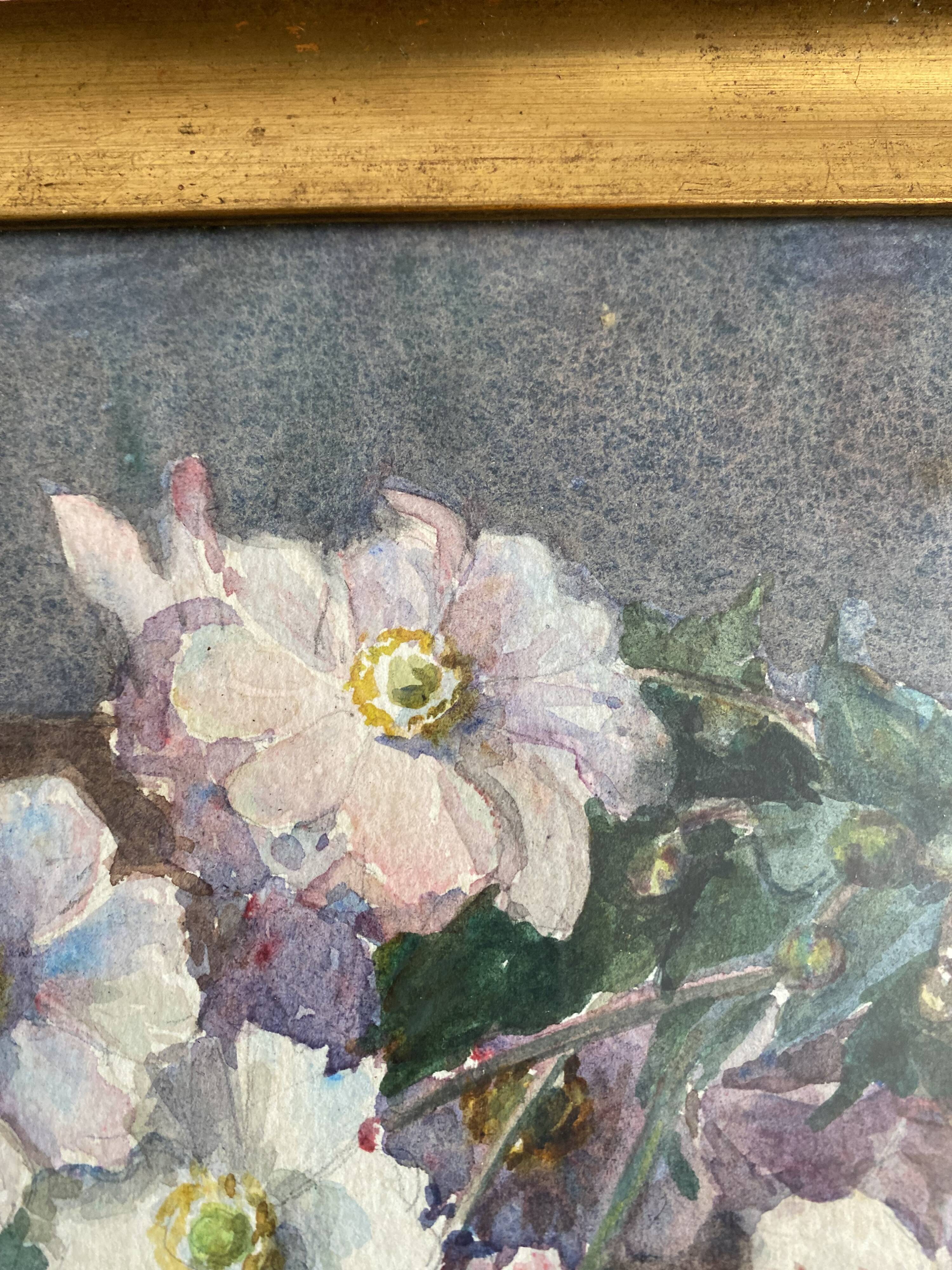 Aquarelle fleurs d'hellébores encadrée G. Mocquart