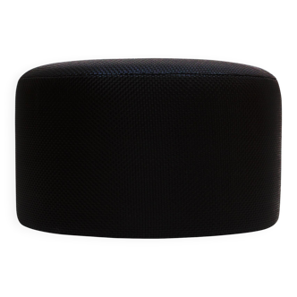 Contemporary LA Design Wood Upholstered In Black Braided Lambskin Circular Pouf