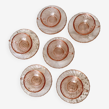6 tasses et sous-tasses vintage rosaline Arcoroc