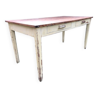 Vintage fir table with 2 drawers with painted base.