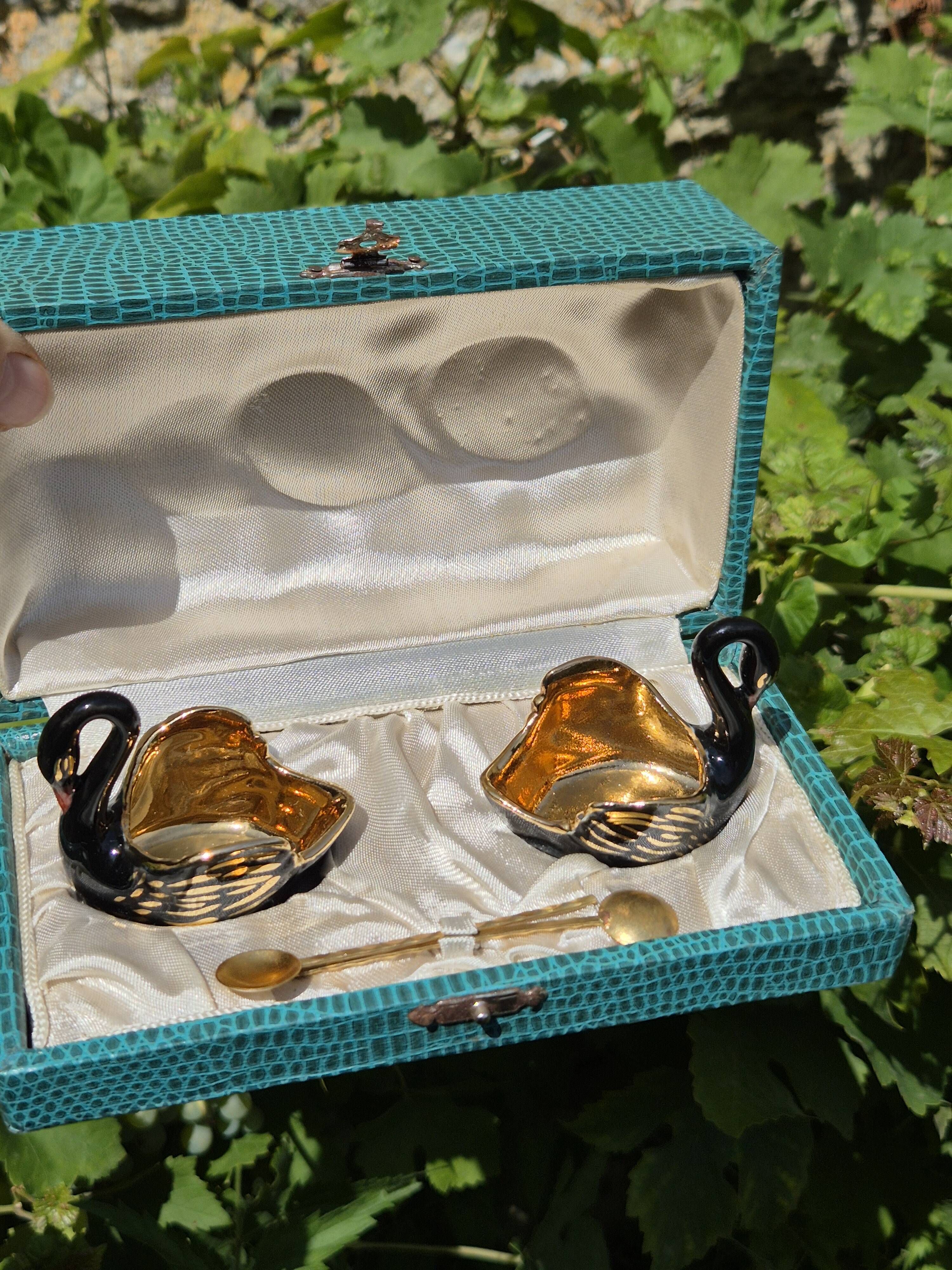 Hand-painted Porcelain Black Swan Salt Cellars Set in original box