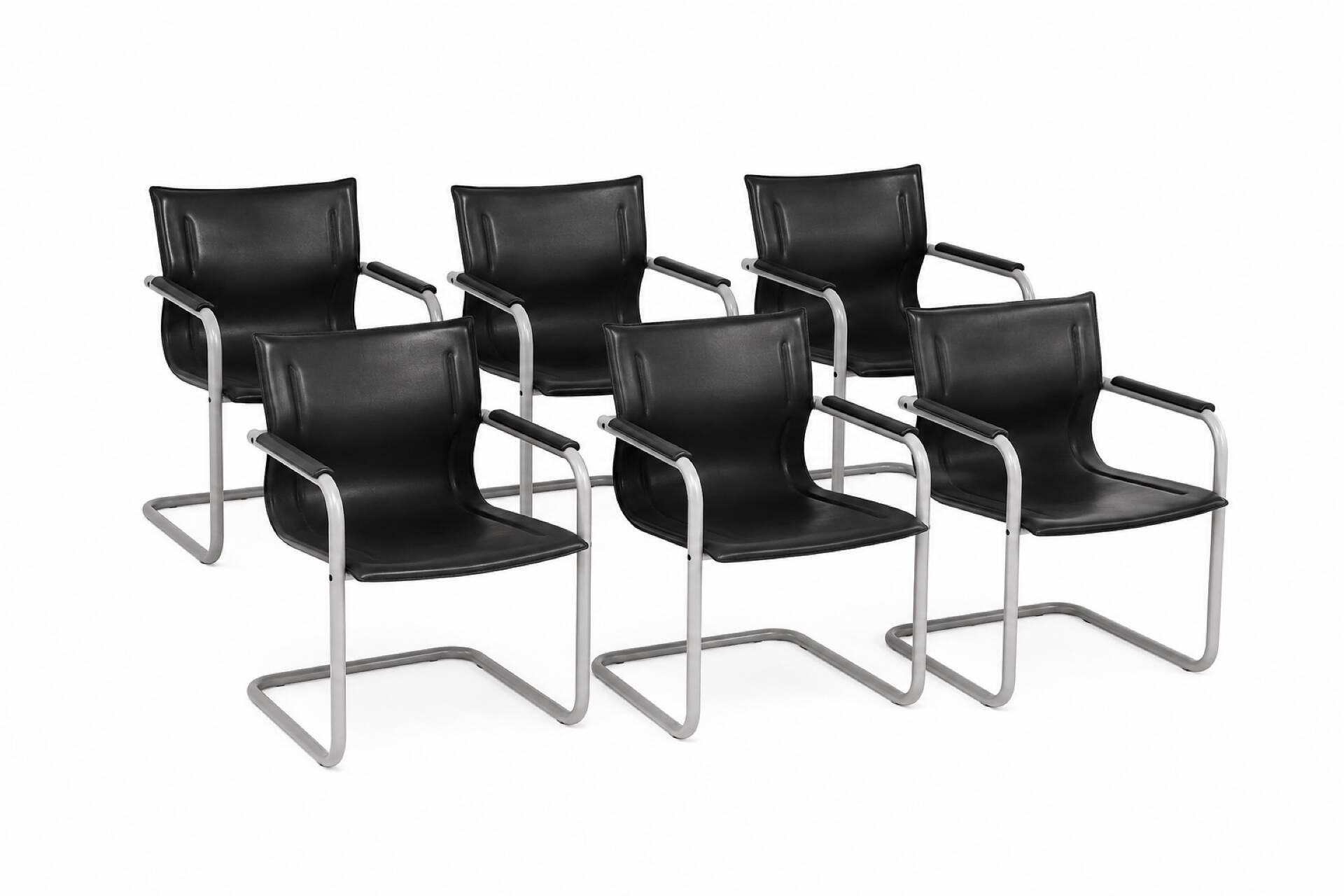 Set of 6 Matteo Grassi armchairs in black leather, Italy, 1980s.