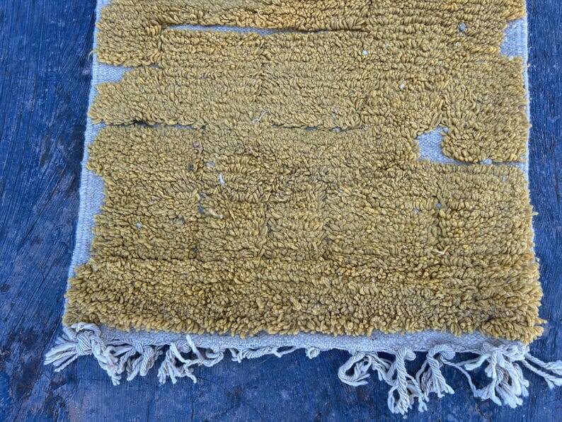 Handmade pure wool carpet in mustard yellow, size 75/300cm.