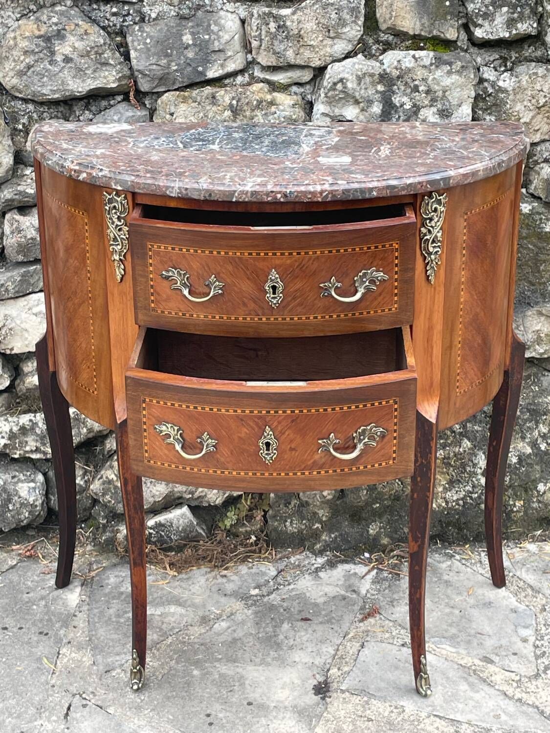 Small half-moon chest of drawers in Louis XV style marquetry, 19th century period