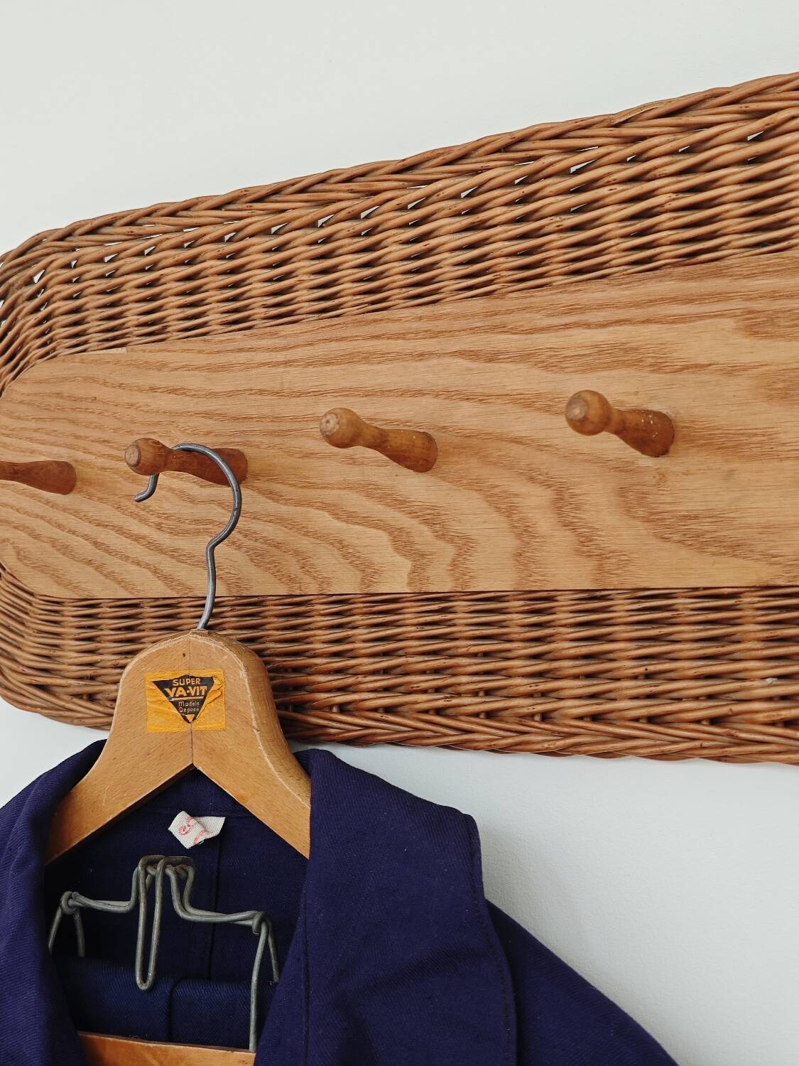 Rattan and wood wall coat rack by ULUV, former Czechoslovakia 1960