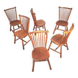 Set of 6 De Ster Geldermalsen spindle back dining chairs in solid oak, 1960