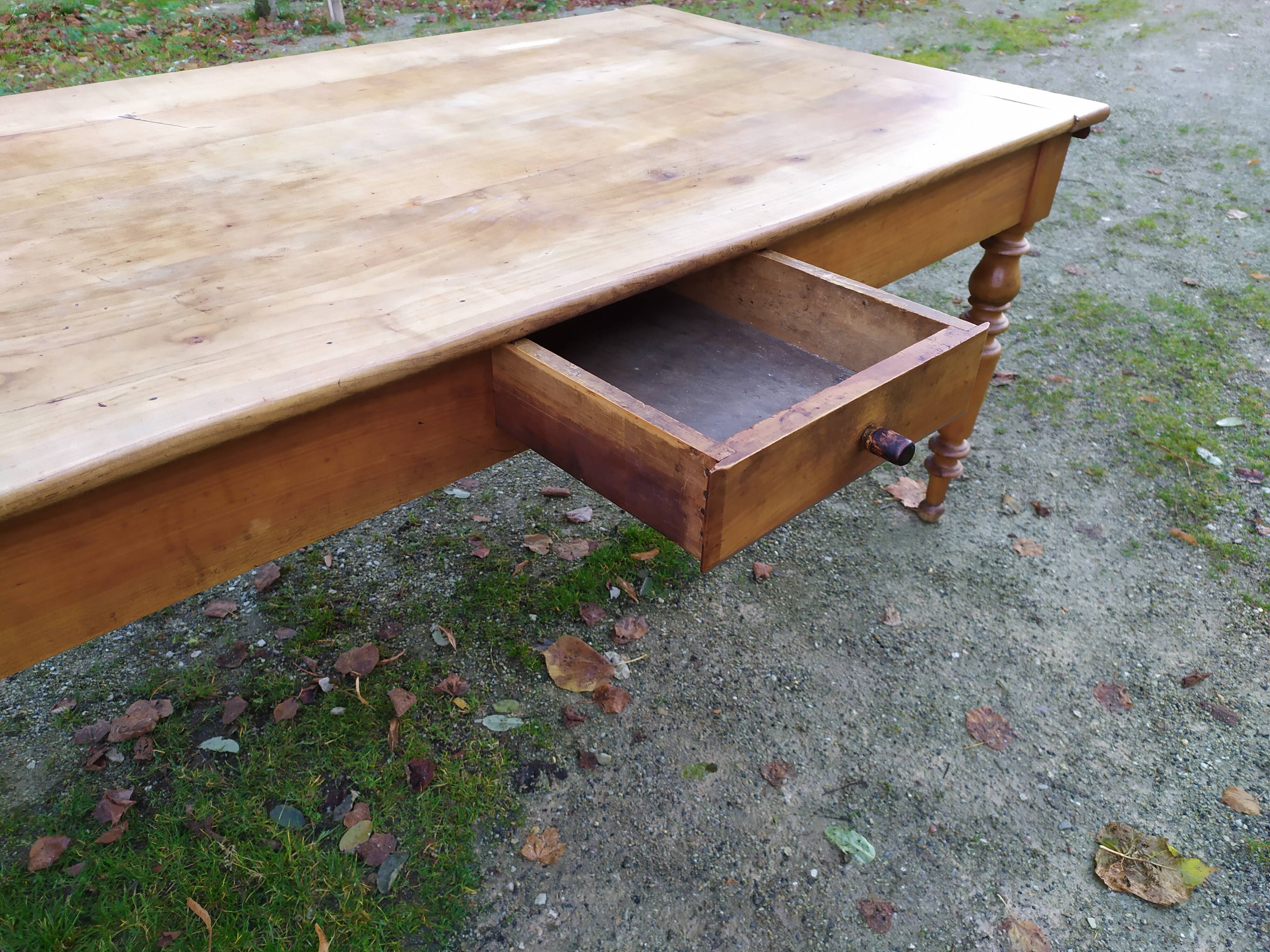 Cherry farm table, turned legs, 2 extensions