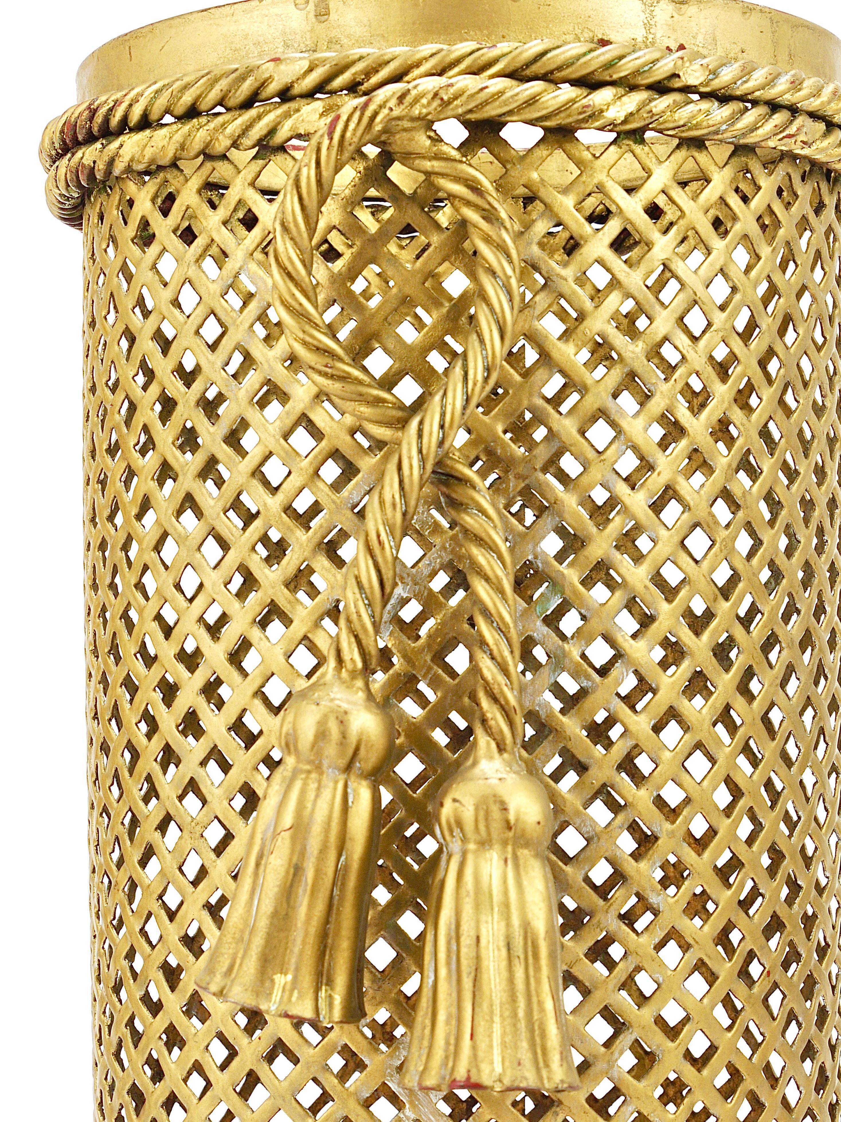 Hollywood Regency umbrella stand in gold metal with cord and tassels, Li Puma Firenze, 1950.