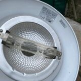 Vintage Italian design gold halogen floor lamp with double spotlight dome.