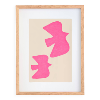 Painting on paper, neon pink birds, painting and illustration signed eawy