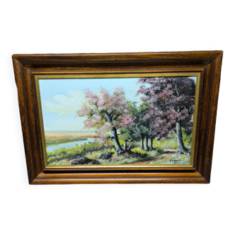 Landscape painting of flowering trees, Huguette Eichwald