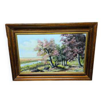 Peinture paysage arbres en fleurs, Huguette Eichwald