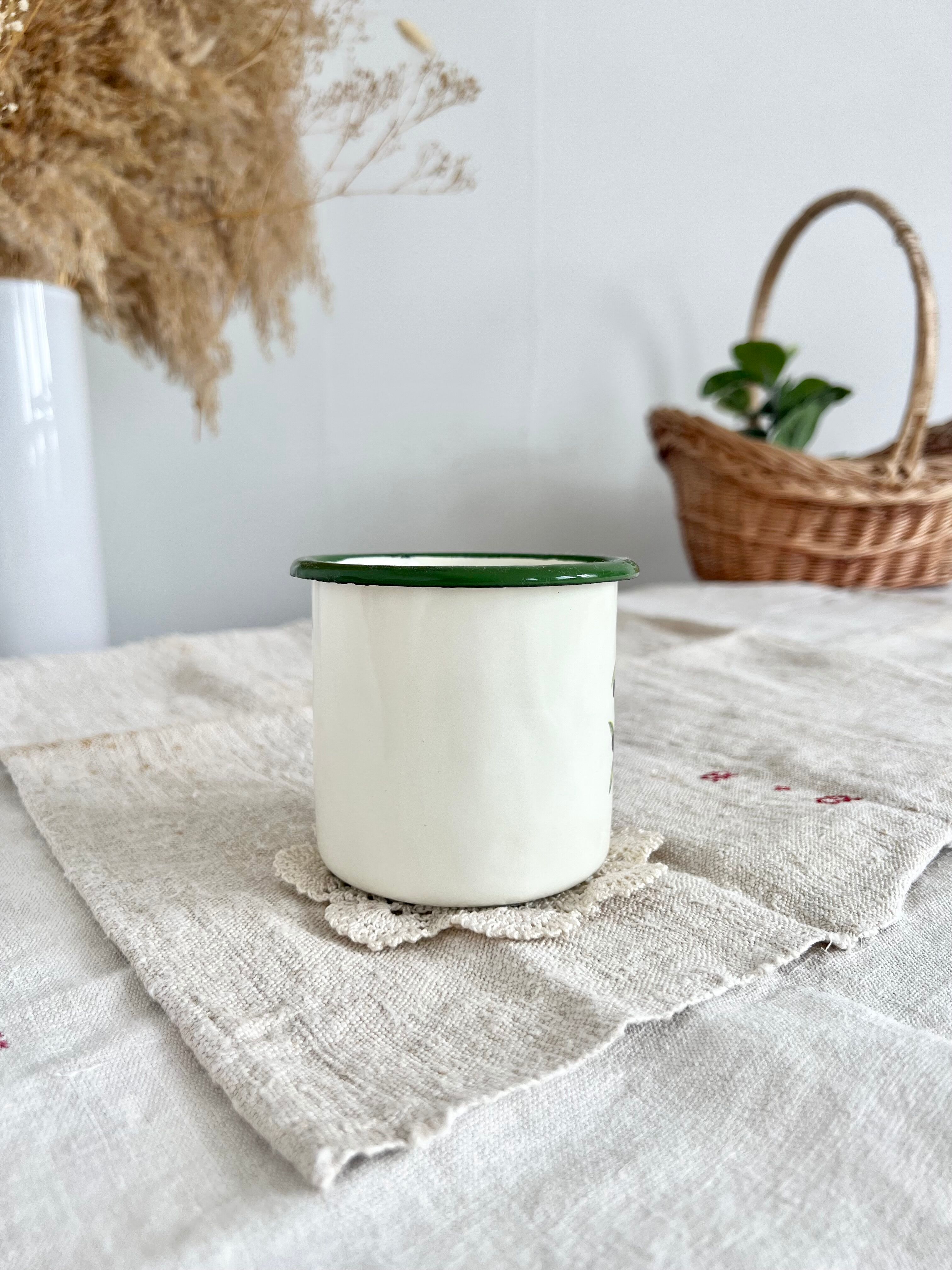 Vintage beige enamelled cup green border olive branch pattern rustic style