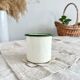 Tasse émaillée vintage beige liseré vert motif branche d'olivier style rustique