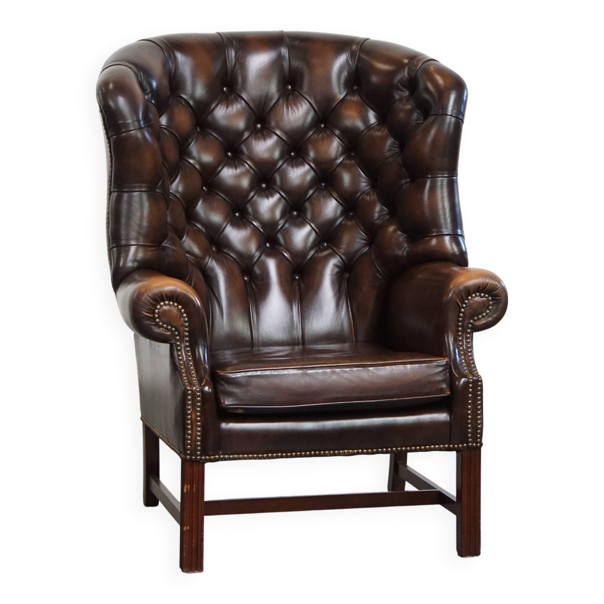 Dark Brown Cowhide  Leather Chesterfield Wingback Chair