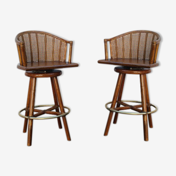 Pair of bamboo bar stools full canned colonial style 1960