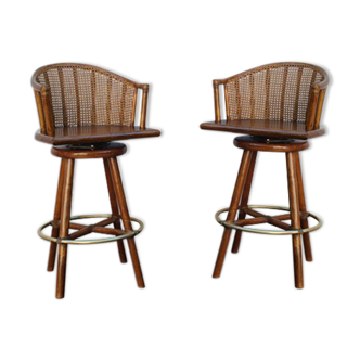 Paire de tabourets de bar en bambou plein canné style colonial  1960