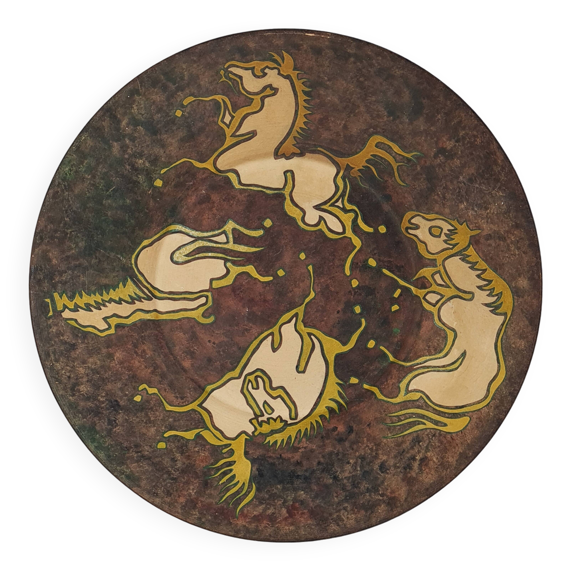 Biot: large ceramic dish painted with horses vintage 50s-60s 39.5 cm C036