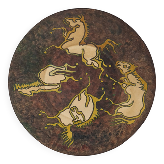 Biot: large ceramic dish painted with horses vintage 50s-60s 39.5 cm C036