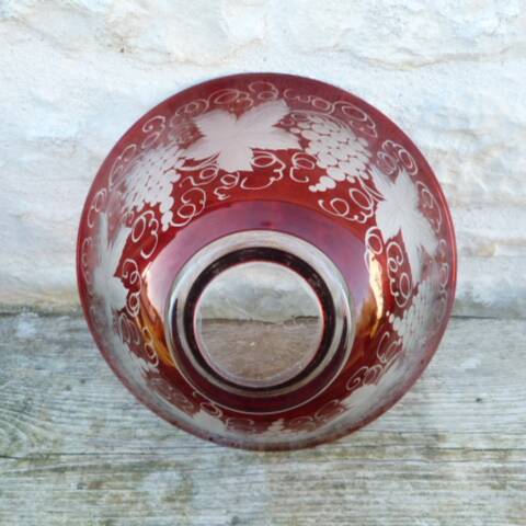 Garnet double crystal salad bowl with Bohemian glass grape motifs.