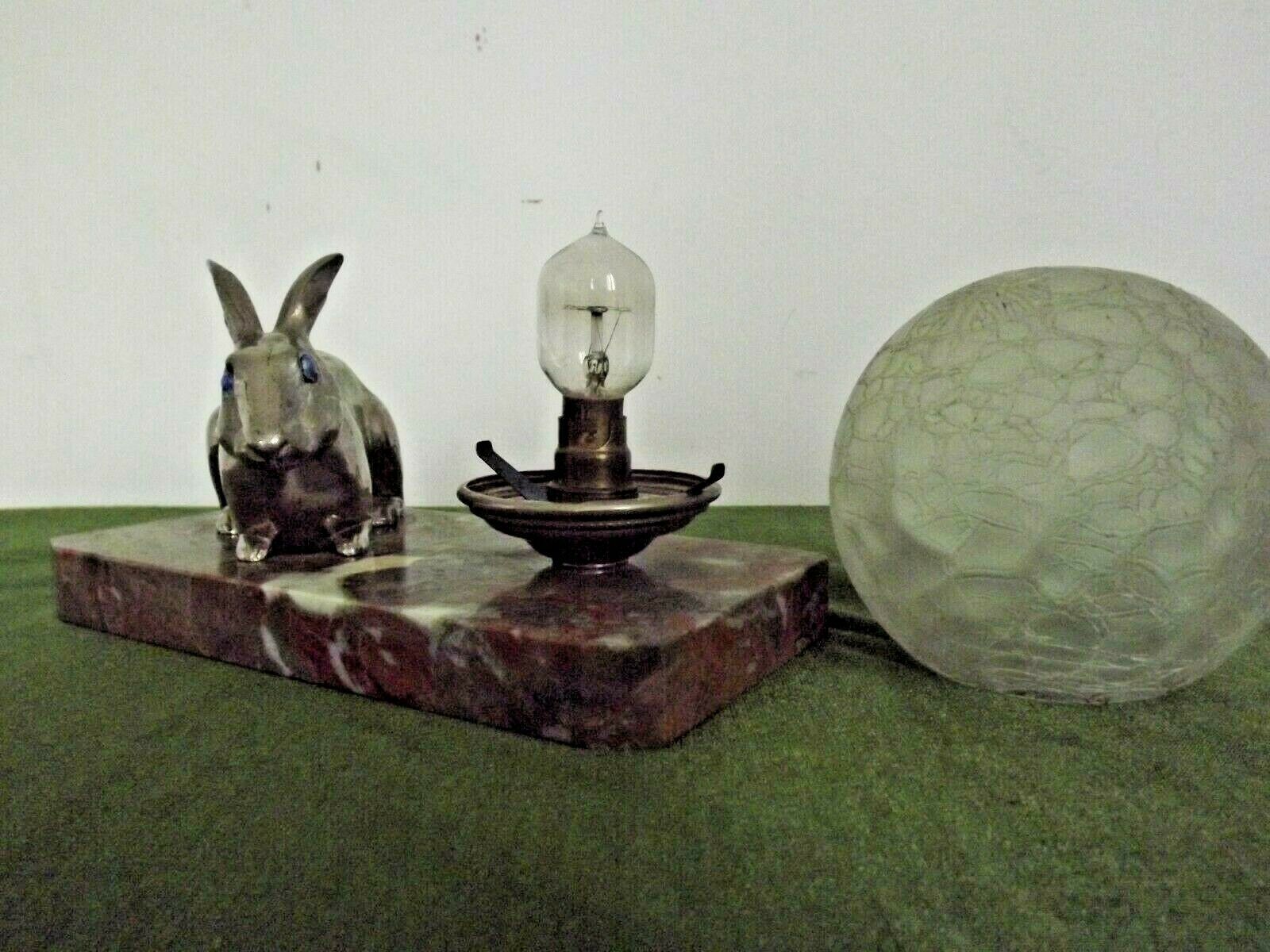 French Art Deco Lamp Marble Base Silver Metal Rabbit Crackle Ball Shade 3365