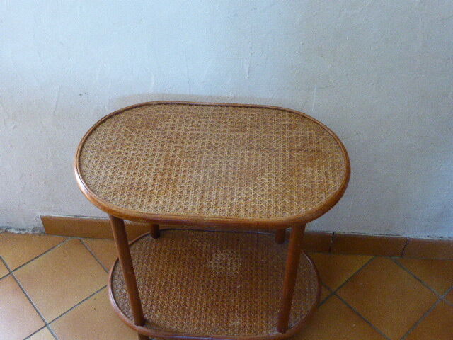 Side table, serving, pedestal, double tray, wood and vintage caning