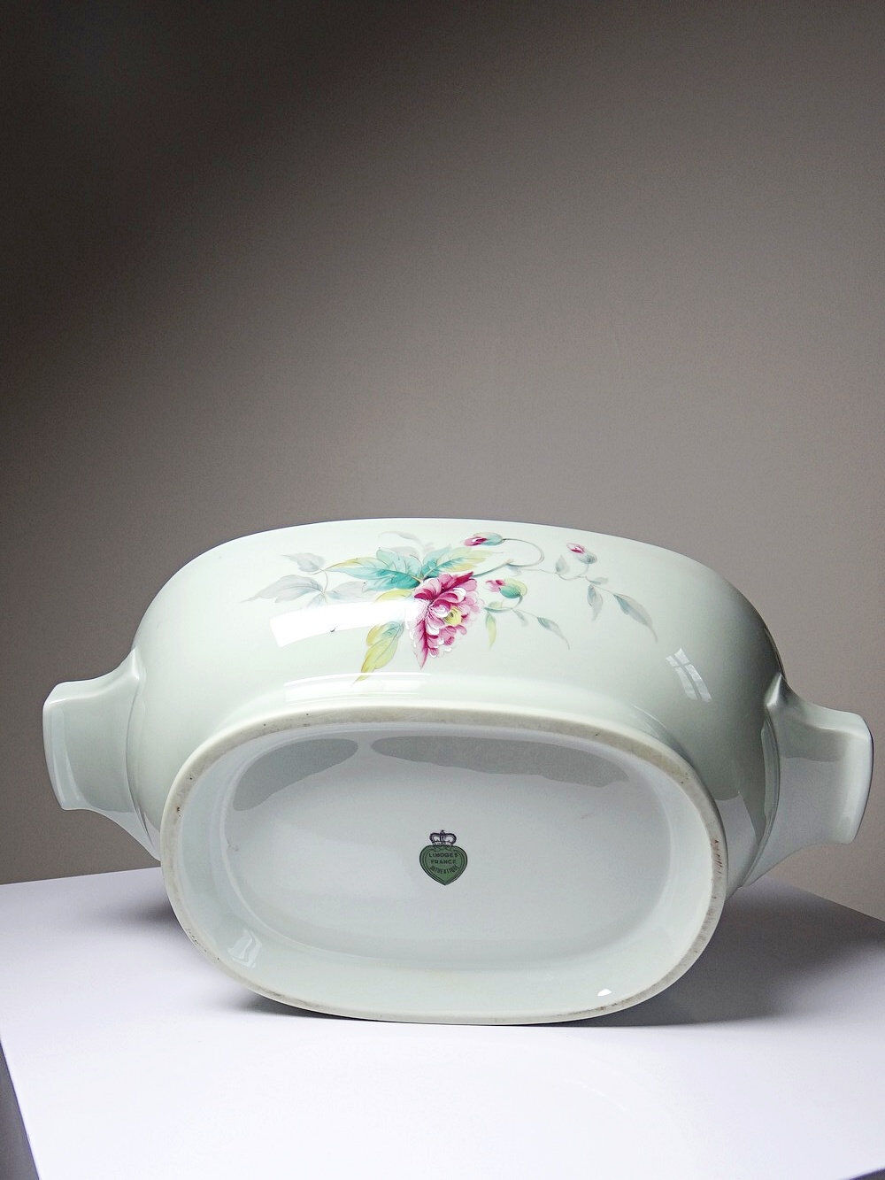Art Deco style soup tureen with floral decoration, vintage celadon porcelain from Limoges, France.