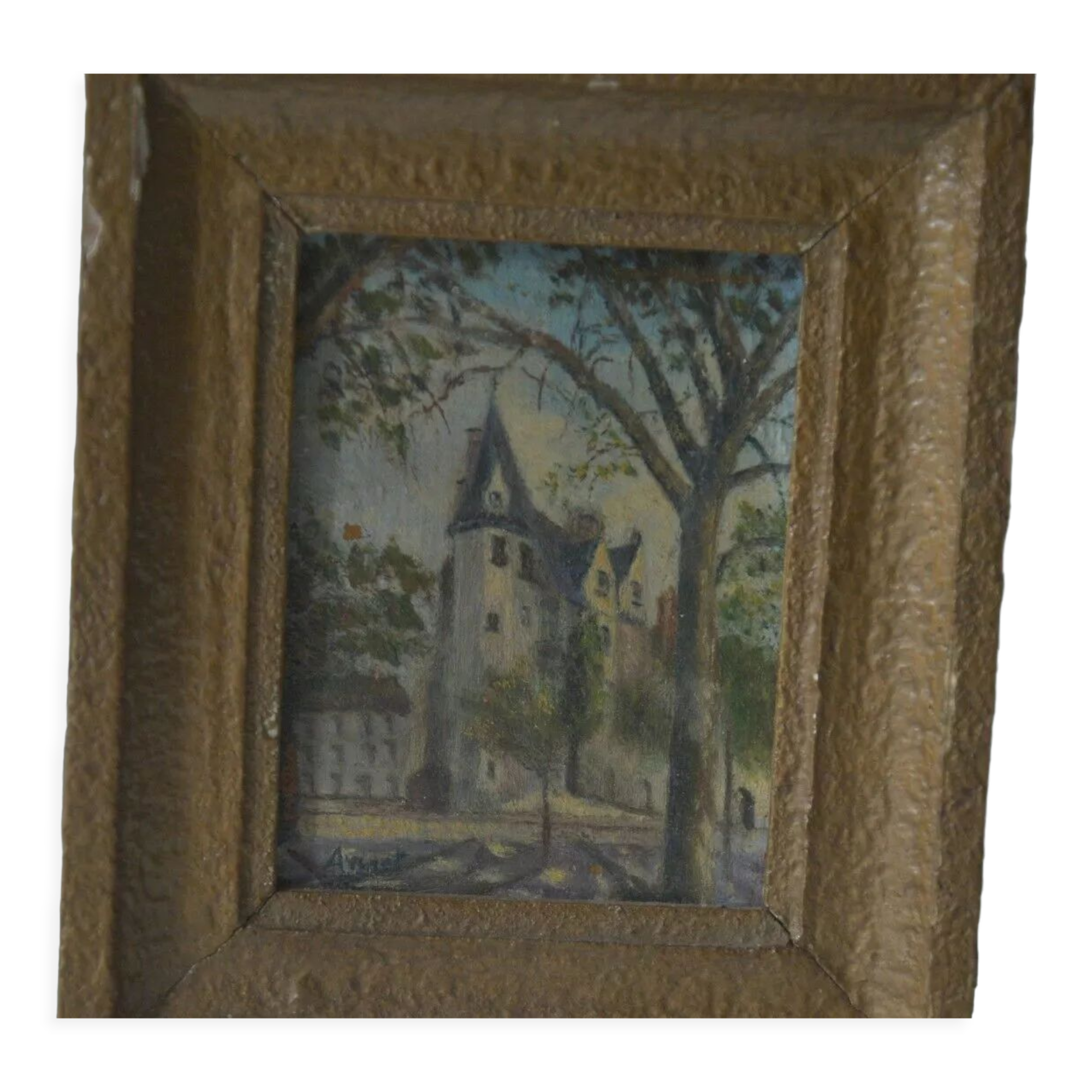 Peinture à l’huile sur panneau Château signée